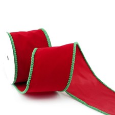 4 Inch Red Velvet Wired Ribbon Green Frayed Edge Gift Floral Decor 10 YD