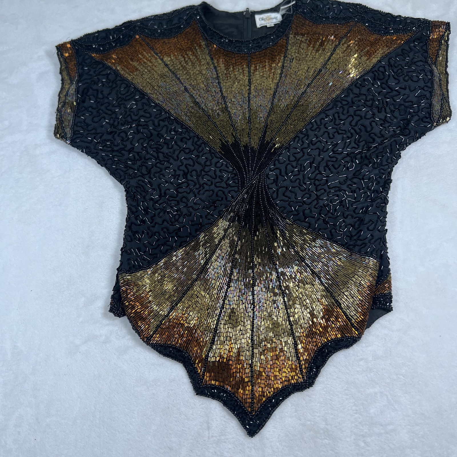 Vintage Oleg Cassini Shirt Womens Small Black Gold Beaded Silk Evening Top 80s