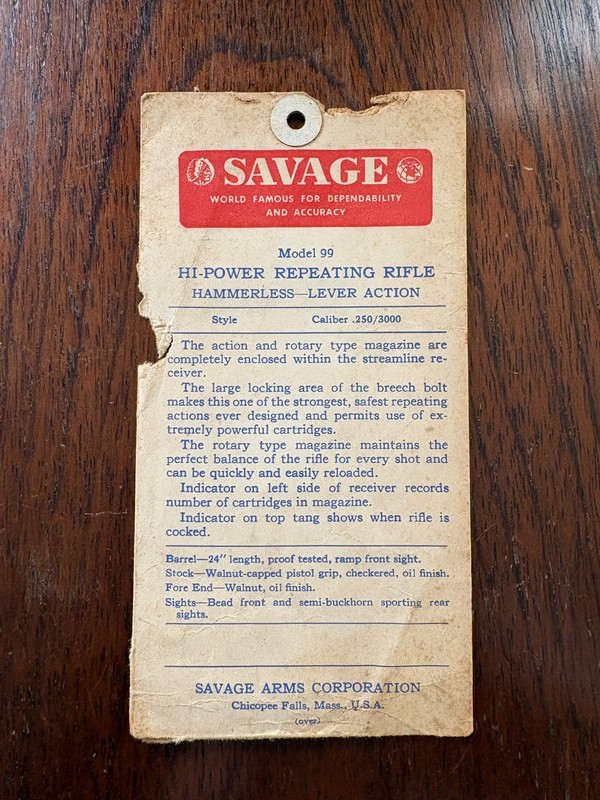 Savage Model 99 Hi-Power Repeating Rifle Hang Tag Vintage