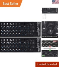 2PCS Hebrew English Keyboard Stickers Black Background with Blue Letters Repl...