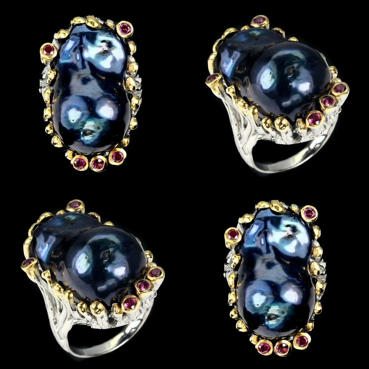 Bague Grenouille En Argent 925 Plaqué Or Blanc Et Jaune, Sertie D'aigue-marine Et Autres Pierres - Taille 57
