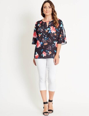 Katies Ladies Cold Shoulder Top size 8 10 12 14 16 18 20 Colour Black Floral