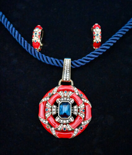 HEIDI DAUS Newport Chic Enamel 2 pc Set Necklace Earrings Red Blue - Picture 1 of 8