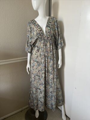 karma highway maxi dress KARMA HIGHWAY NWT!Turquoise/Taupe/Pink Floral Viscose Deep V-Neck Maxi Dress