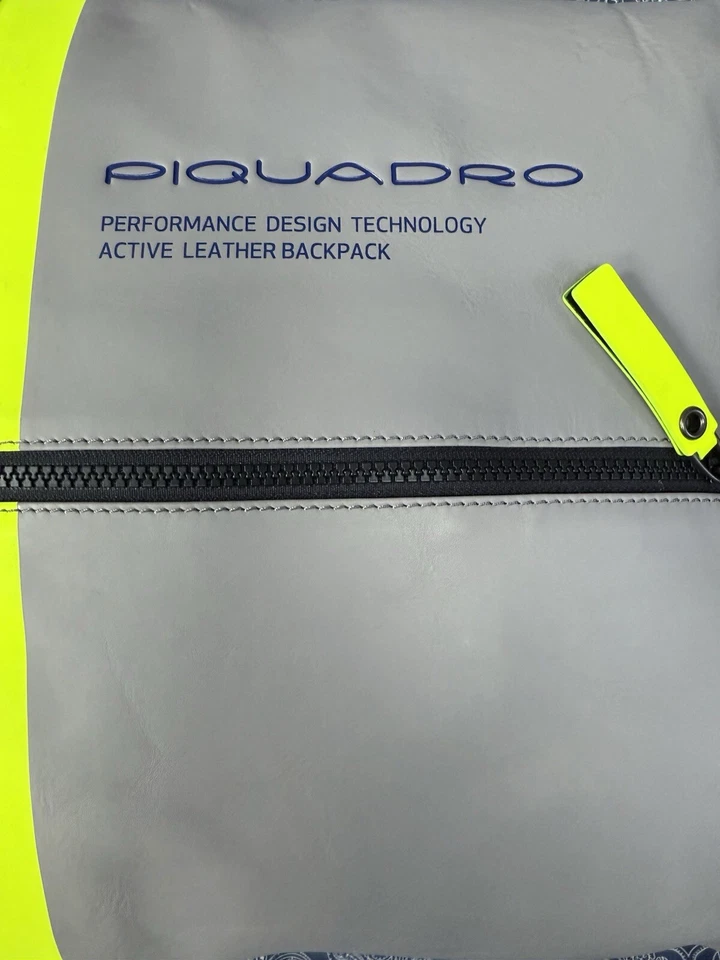 PIQUADRO Italy Downtown Business PC 14.0 Leather Backpack Gray Neon Yellow Black - Image 3 of 4