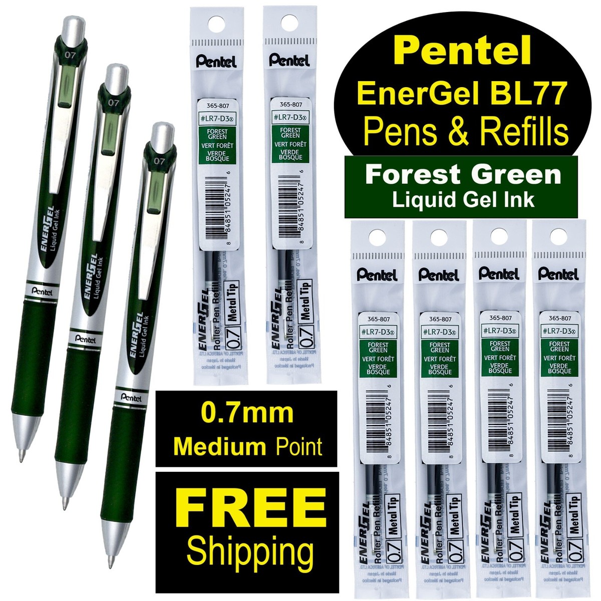 Pentel EnerGel RTX BL77-D3 Forest Green Gel Ink Rollerball Pens  Refills