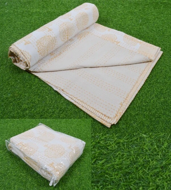 Tree Print Queen Kantha Handmade Cotton Quilt Bed Cover Throw Blanket Gudari - Image 4 of 4