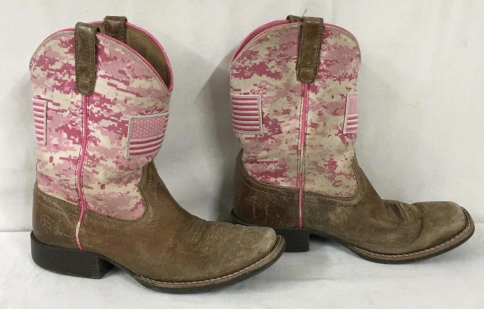 Girl's Ariat Pink Digital Camo Pull On Leather Western Square Toe Boots Size 2 - Image 2 of 4