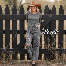 J HER cut Out Heart Star Rhinestone Highrise Wide Leg Loose Fit Jeans Sz MEDIUM