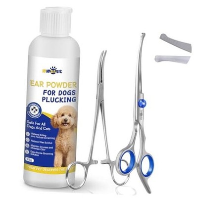 Dog Ear Hair Removal Kit   Ear Powder, Safety Round Tip Scissors & 3-Pack