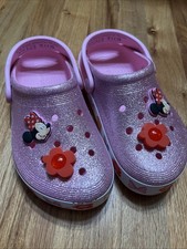 Disney Parks Crocs Minnie Mouse Kids Pink Glitter Light Up Flowers SIZE 1