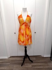 SHEIN Sunset Orange Pleated Halter Dress | Size Large
