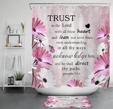 Bible Verse Nature Butterfly Pink Floral Shower Curtain Set for Bathroom Decor