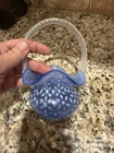 FENTON GLASS SNOWFLAKE COBALT OPALESCENT HANDLED BASKET  Rare Double Stamped