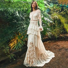 Lace Puff Full Sleeve Button O Neck Wedding Long Dresses Tiered Pleat Embroidery