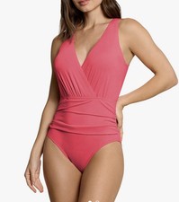 NWT Jantzen Jewel Solid Portrait Back One Piece Swimsuit 12 Jolie Pink Surplice