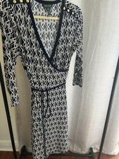 Lauren Ralph Lauren Navy White Geometric Wrap Dress V-Neck 3/4 Sleeve M