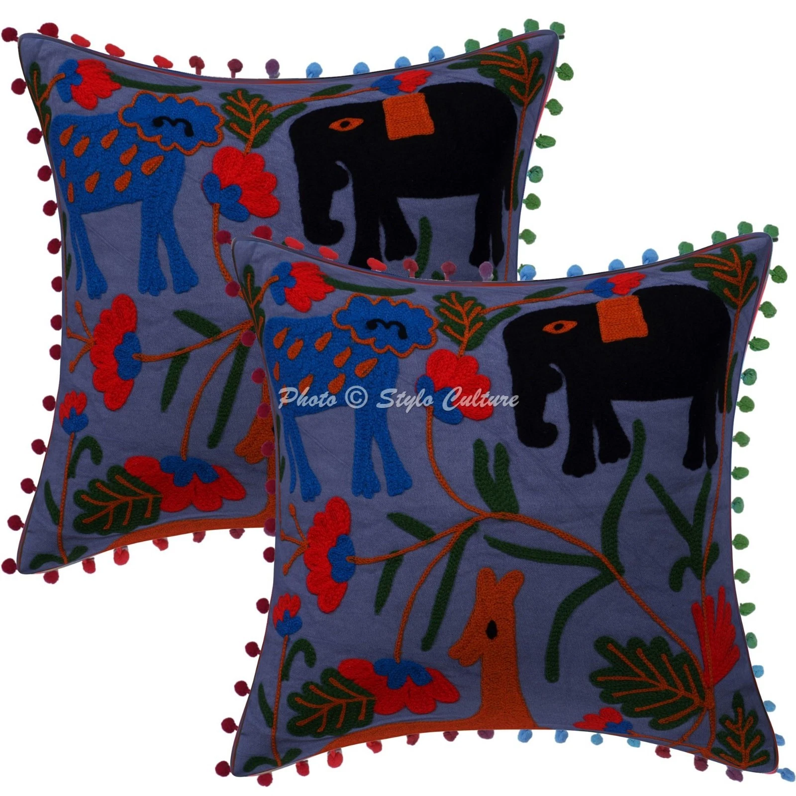 Boho Suzani Embroidered Throw Pillow Covers Cotton Grey Floral 40x40 cm Pom Pom