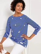 Talbots Tee Embroidered Frenchie French Bulldog AUTHENTIC Nautical Stripe NEW P