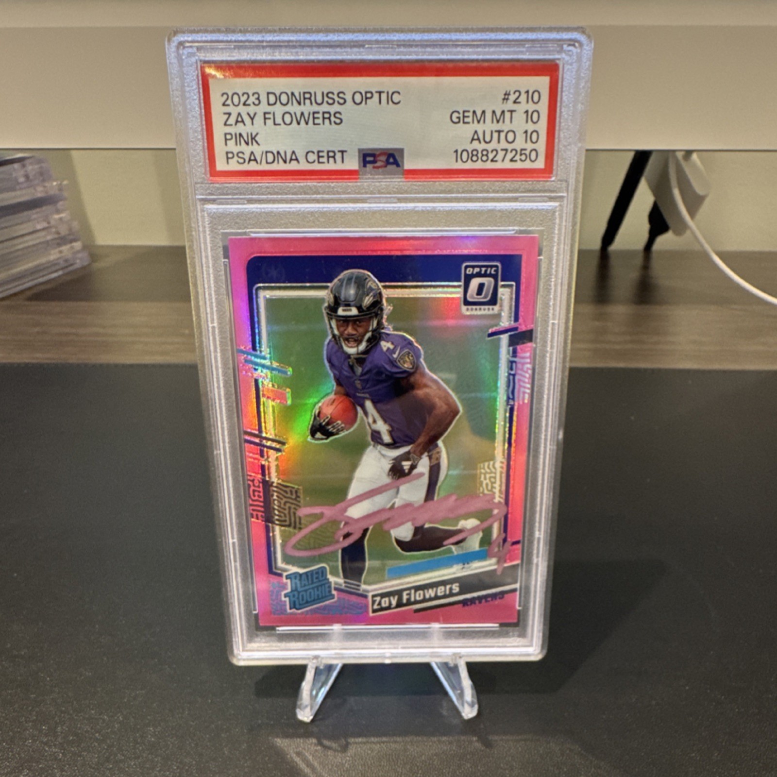 Zay Flowers 2023 Donruss Optic Rated Rookie #210 Pink Prizm Pink Auto PSA 10