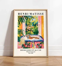 Tiger in Bathtub Art Print: Funny Matisse Style Bathroom Decor Poster