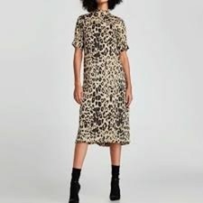 Zara XS mock neck satin midi dress black tan leopard print animal shift