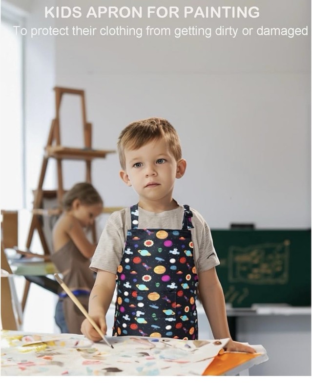 Kids Space Galaxy Apron With Pockets- Rockets ,stars,planet In Black Background 