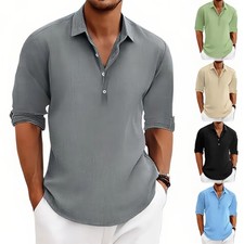 Mens Casual Shirts Summer Beach Grandad Long Sleeve Tops Solid T Shirts