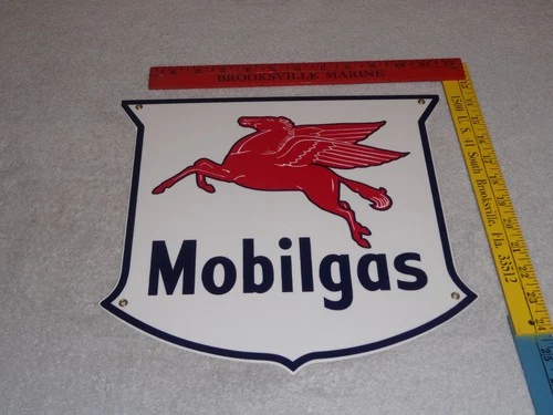 VINTAGE MOBIL MOBILGAS PEGASUS HORSE 11 3/4" PORCELAIN METAL GASOLINE & OIL SIGN