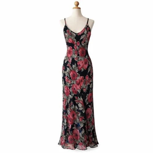 Y2K Vintage Bebe Whimsigoth Floral Slip Maxi Dress Black Red Sz 2 Fairy Grunge