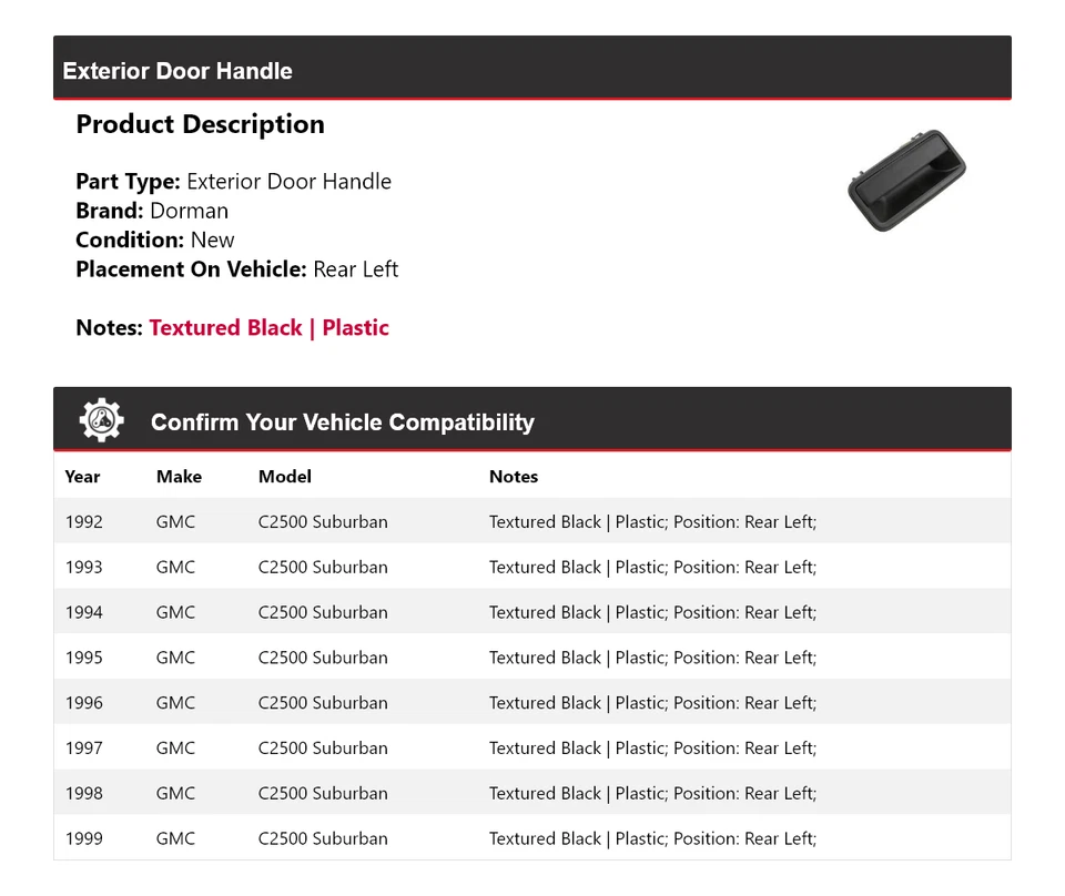 Manija de puerta exterior trasera izquierda para GMC C2500 Suburban Dorman 1992-1999 1993 1994 Foto 2 de 4