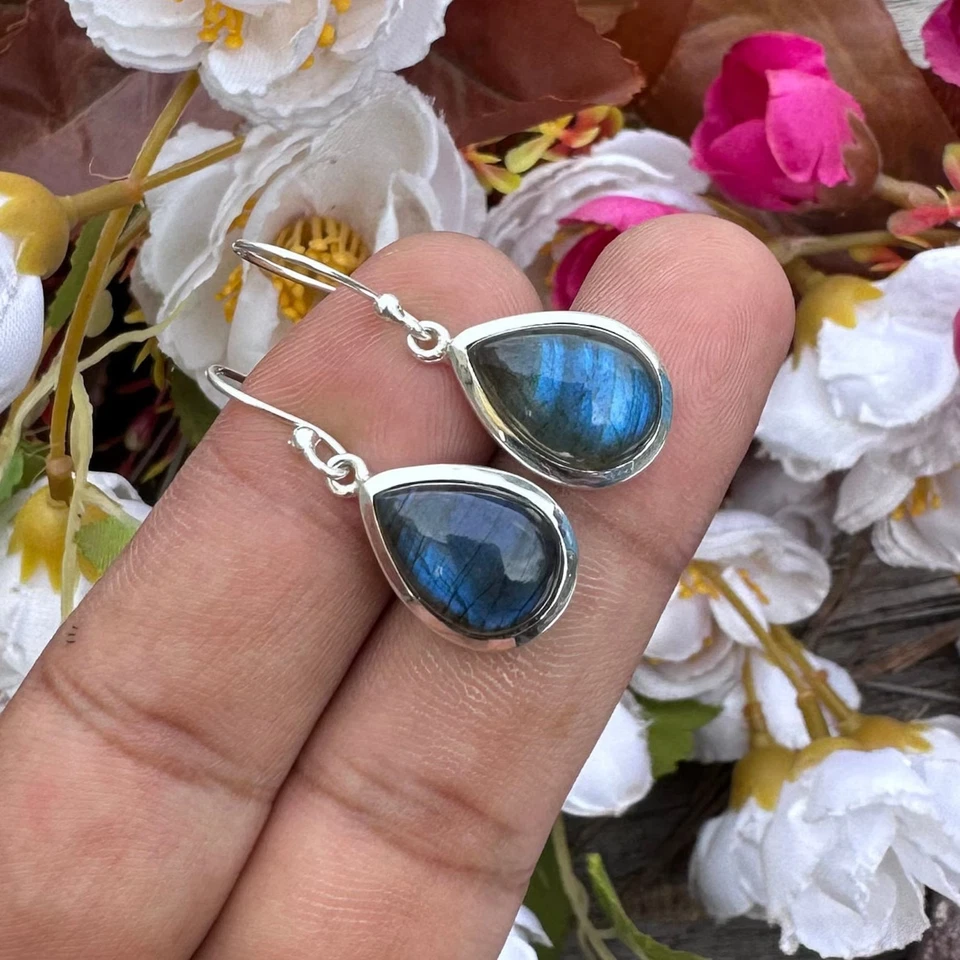 Teardrop Labradorite Women Earrings Statement Blue Stone Dangling Earrings MJ89 - Image 4 of 4