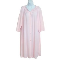 Shadowline Robe Vintage Womens L Pink Button Front Nylon 3/4 Sleeve Below Knee