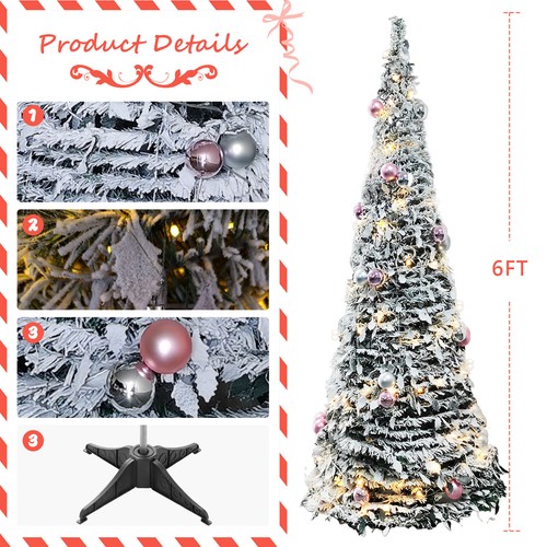 6FT Pre-Lit Flocked Fully Decorated Pull Up Christmas Tree Collapsible Xmas Tree - Picture 4 of 13