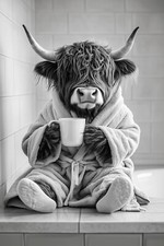 HIGHLAND COW DRINKING COFFEE  FUNNY KITCHEN  WALL ART PICTURE POSTER PRINT