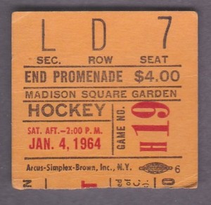 Jan. 4, 1964 New York Rangers vs. Detroit Red Wings Ticket Stub  
