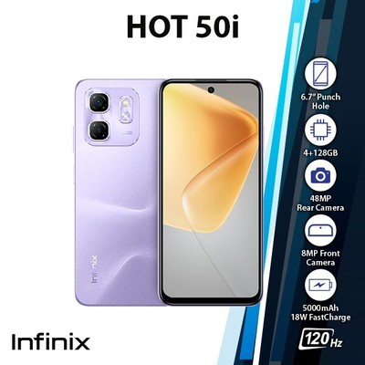 Infinix Hot 50i Android Cell Phone (Purple/4GB+128GB/Dual SIM/Unlocked/NEW)