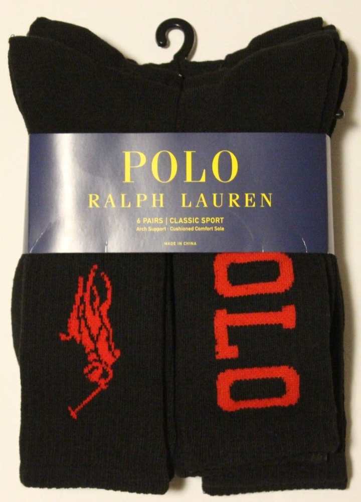 Nuove calze Polo Ralph Lauren Athletic 6 paia classiche sportive crew nere logo pony