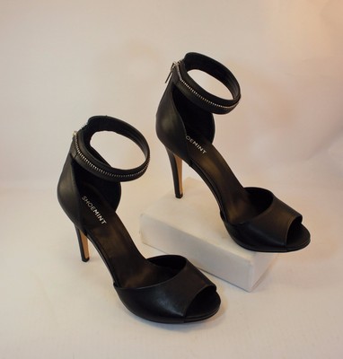 New Shoemint Black Leather Stiletto Zippered Ankle Strap Heels