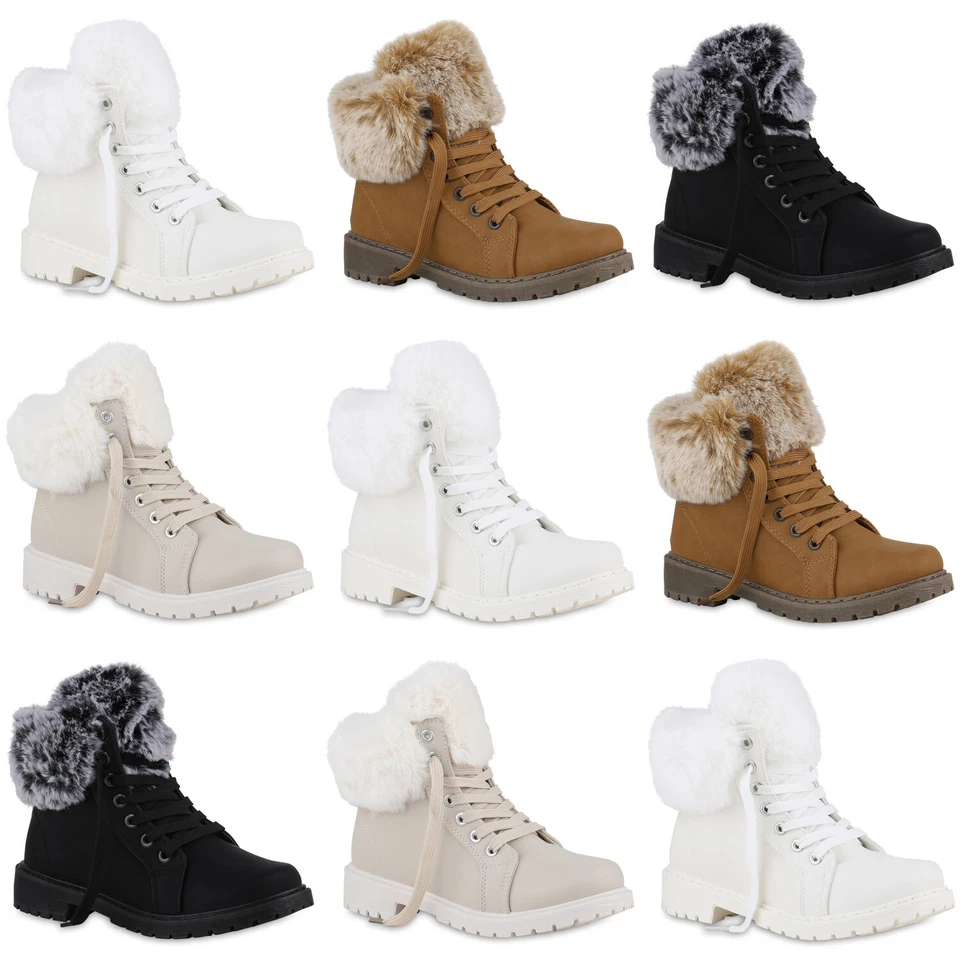 MARKENLOS Damen Warm Gefütterte Worker Boots Stiefeletten Kunstfell Schuhe 840850 Mode