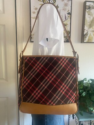 Authentic BURBERRY BLUE LABEL NOVA CHECK Hobo Shoulder Bag Canvas/Tan Leather