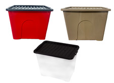 80L XL PLASTIC STORAGE BOXES - BLACK LID STRONG DURABLE HOME OFFICE COLOURED 