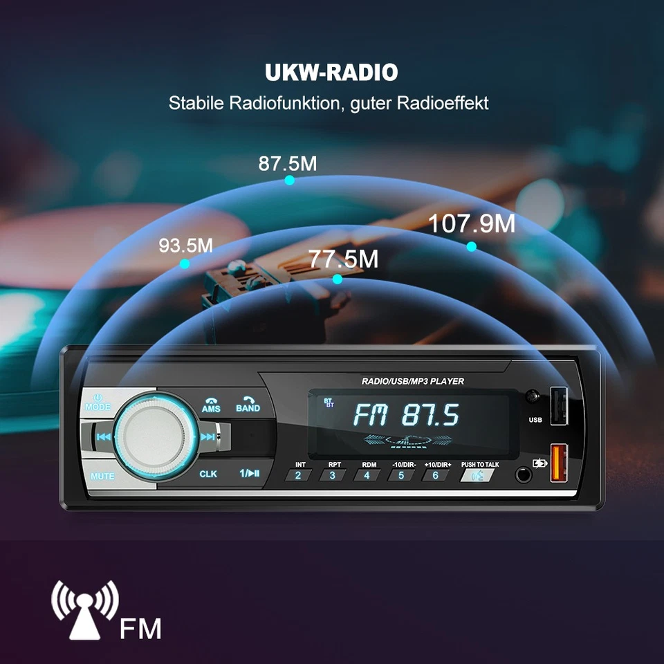 Autoradio 1 DIN MP3 Player mit Bluetooth Freisprech 7 Farben USB SD AUX FM BT TF - Bild 3 von 4