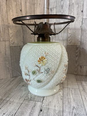 Vintage Consolidated Glass Cosmos Oil Lamp w/ P&A Burner   Milk Glass Floral