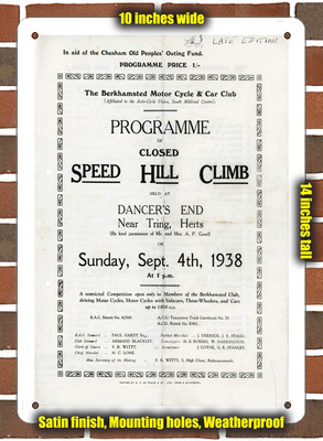 METAL SIGN - 1938 Dancer's End Hill Climb Racing Program - 10x14 inches