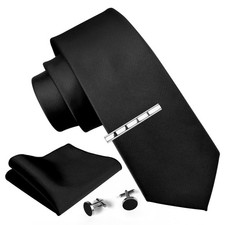 Mens Black Tie Formal Solid Ties for Men Silk Necktie Pocket Square Cufflinks...