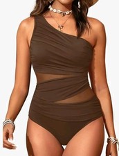 Aqua Eve Women Mesh One Piece Swimsuit - Tummy Control One Shoulder Bathing Sz S