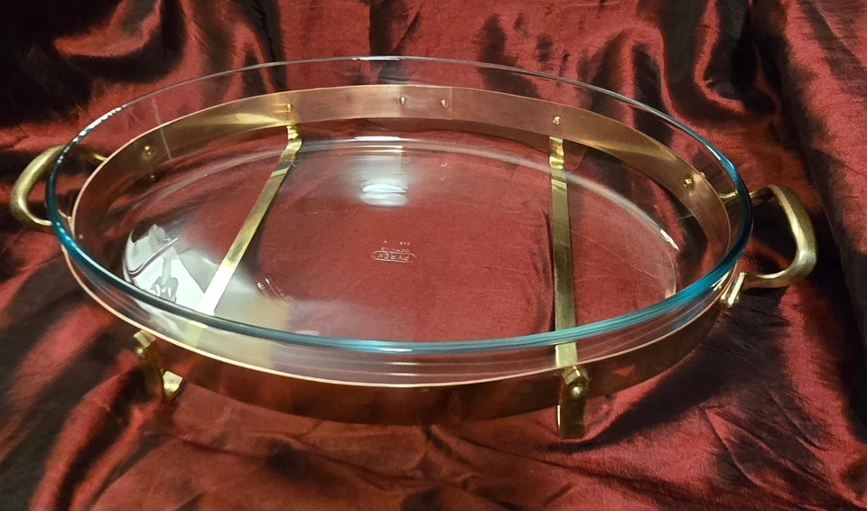 Pyrex Baking Dish Nilsjohan Sweden Oval Glass Copper & Brass Stand Caddy France - Image 4 of 4