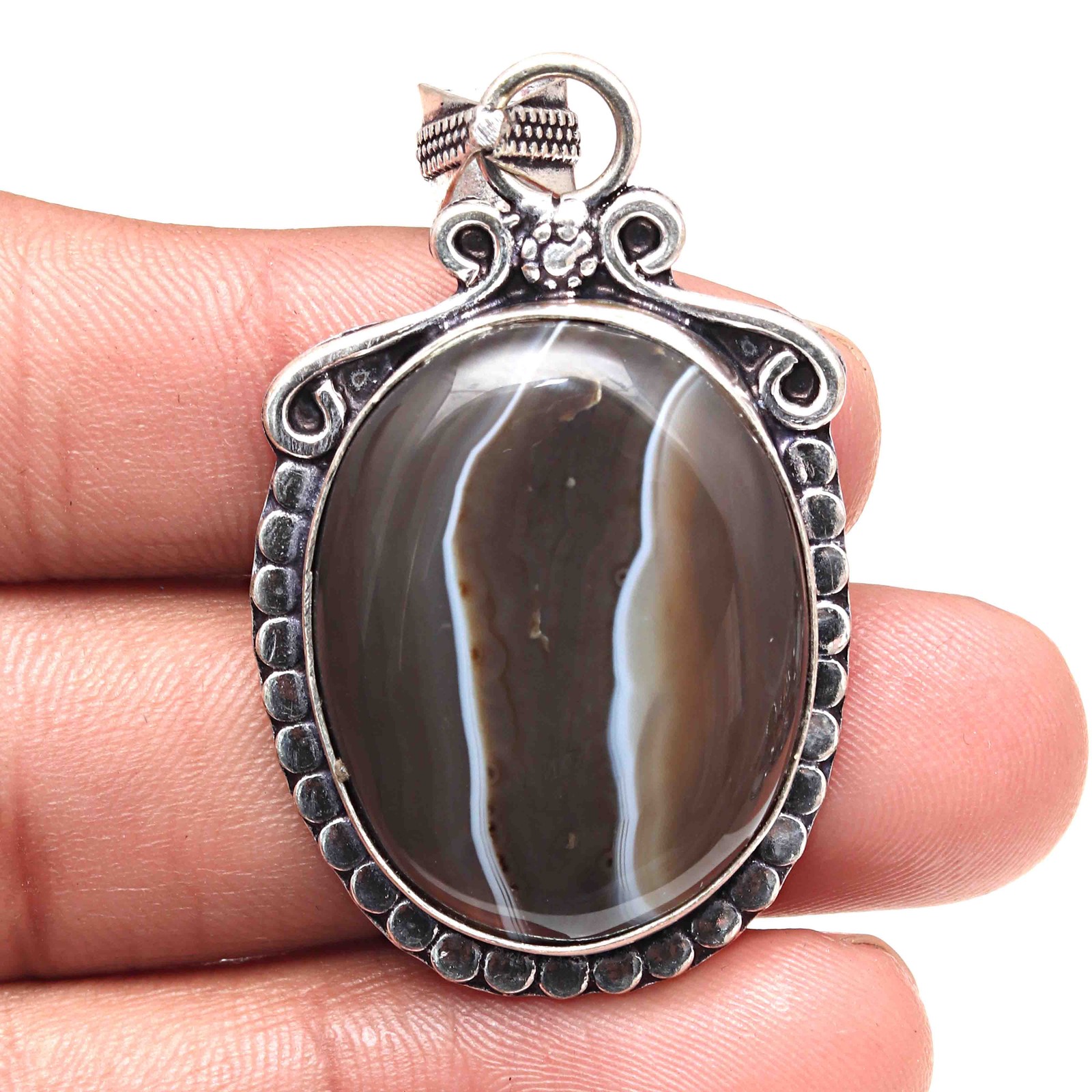 Grey Botswana Agate Pendant Silver Jewelry Valentine Gift 2.5 Inch
