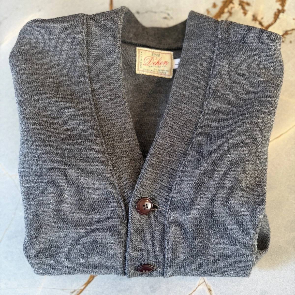 Cárdigan Suéter Dehen 1920 L Gris Jaspeado 100% Lana Hecho en EE. UU.